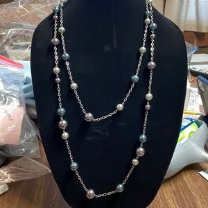 Lia Sophia Pearl double drop silver necklace